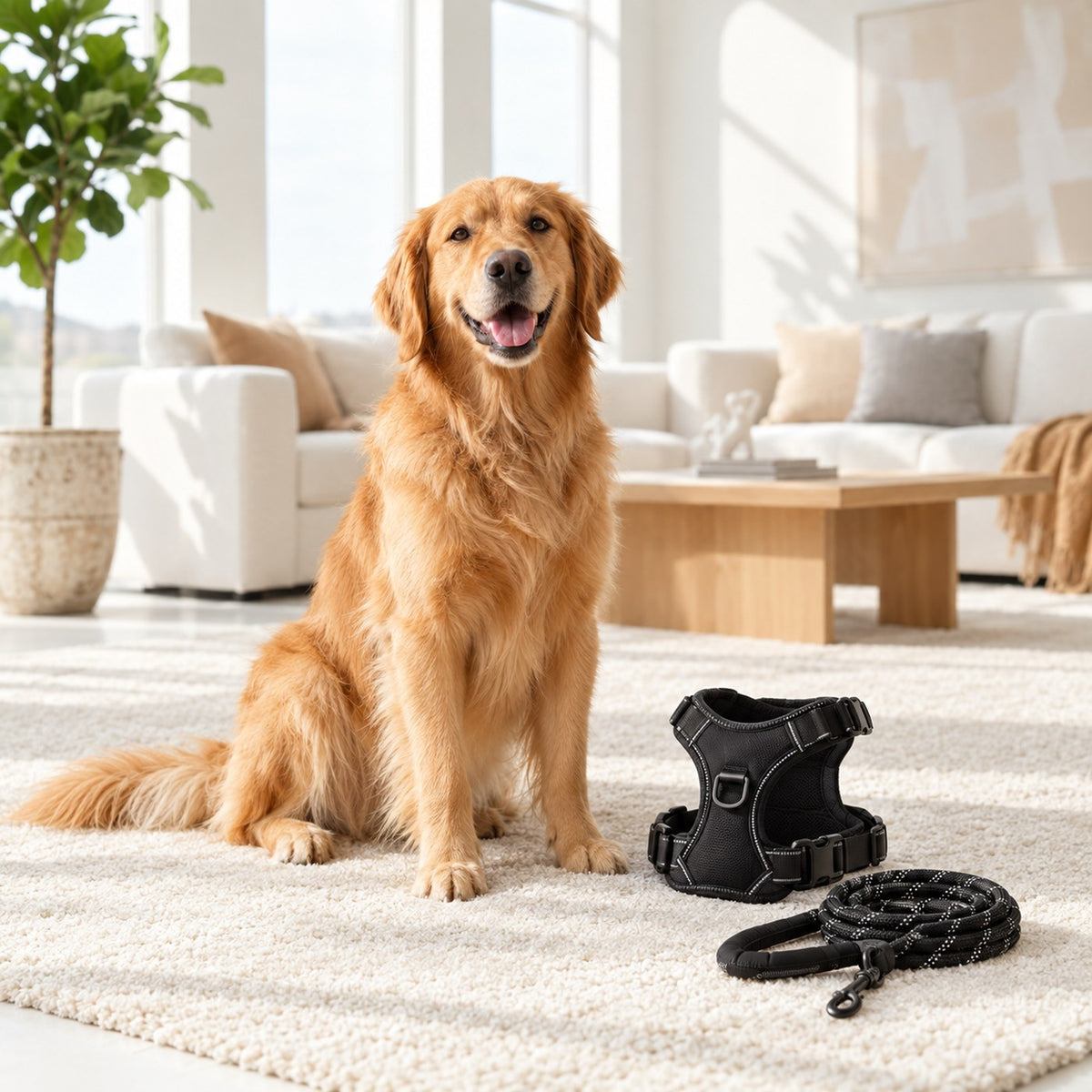 Dogs collection: golden retriever with harness and leash